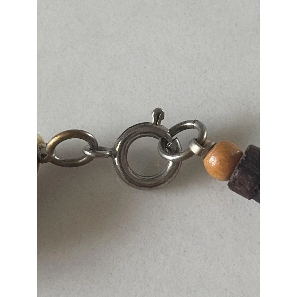 Vintage Chunky Wood Bead Necklace Hammered Brass LG Pendant Boho Statement 10" - Picture 6 of 7